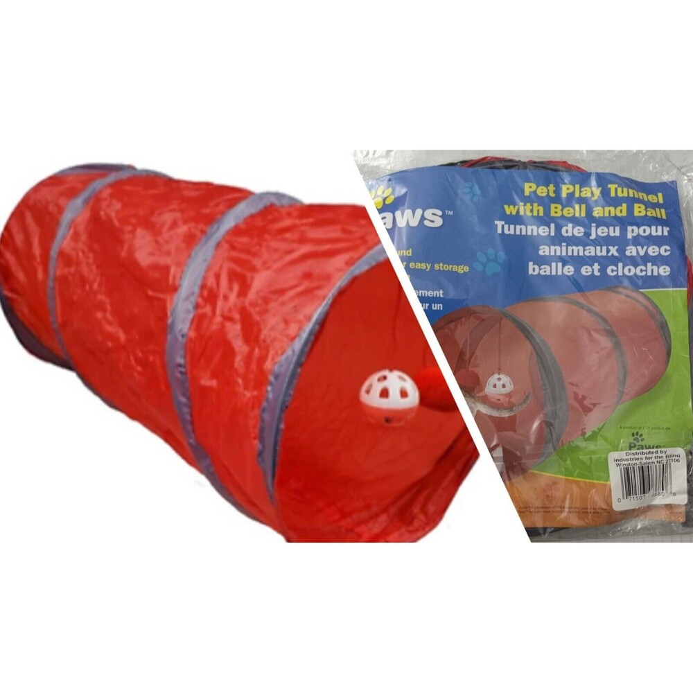 Paws Pet Play Tunnel Red w/ Bell and Ball Collapsible 19.6" length 10" diameter
